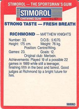 1990 AFL Scanlens Stimorol #161 Matthew Knights Back